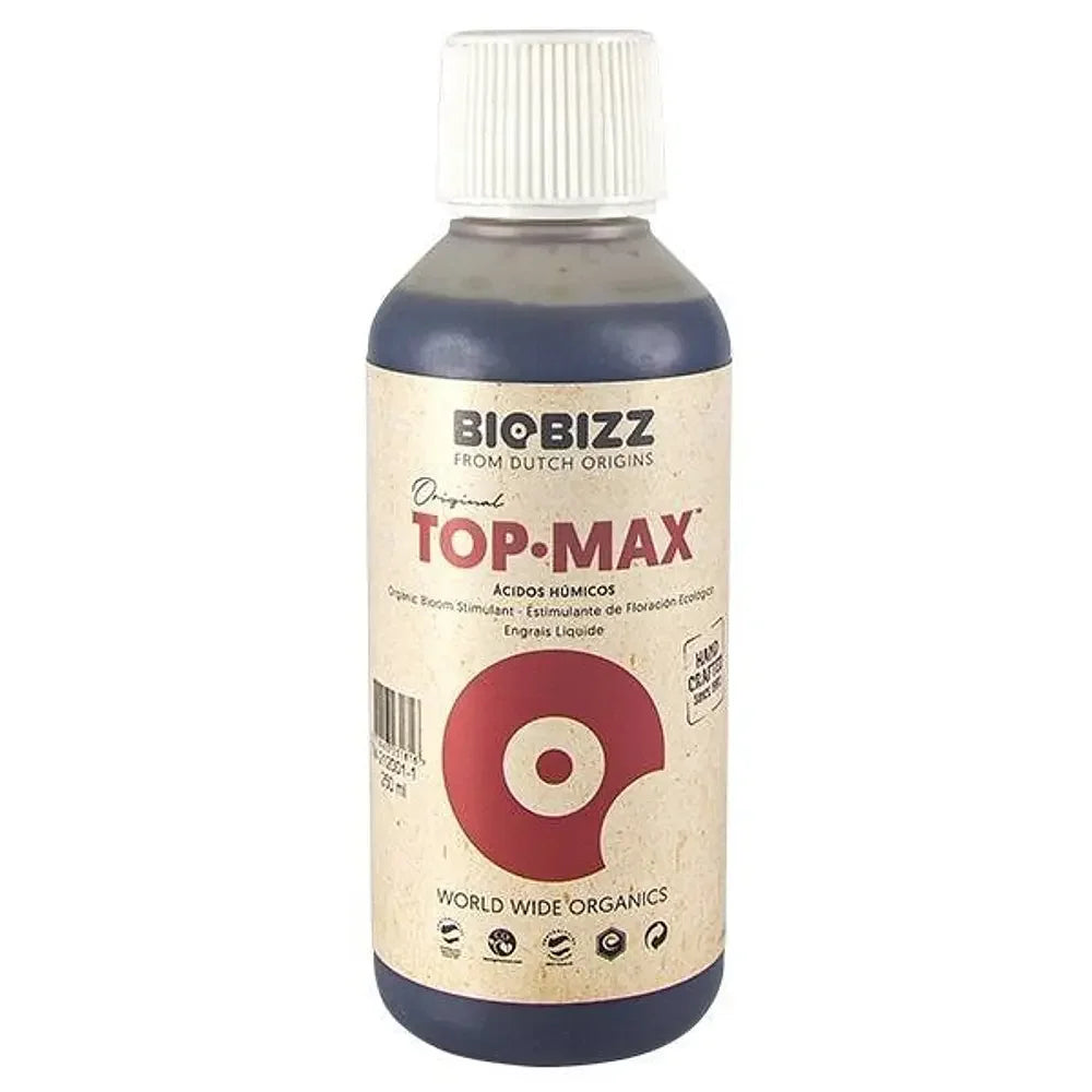 Botella de fertilizante Top·Max BioBizz para cultivo indoor, estimulador de floración orgánico.
