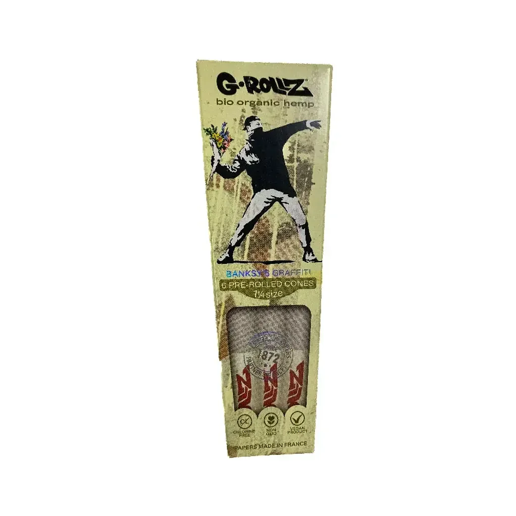 Conos prearmados de cáñamo orgánico G-Rollz, empaque con arte estilo grafiti.