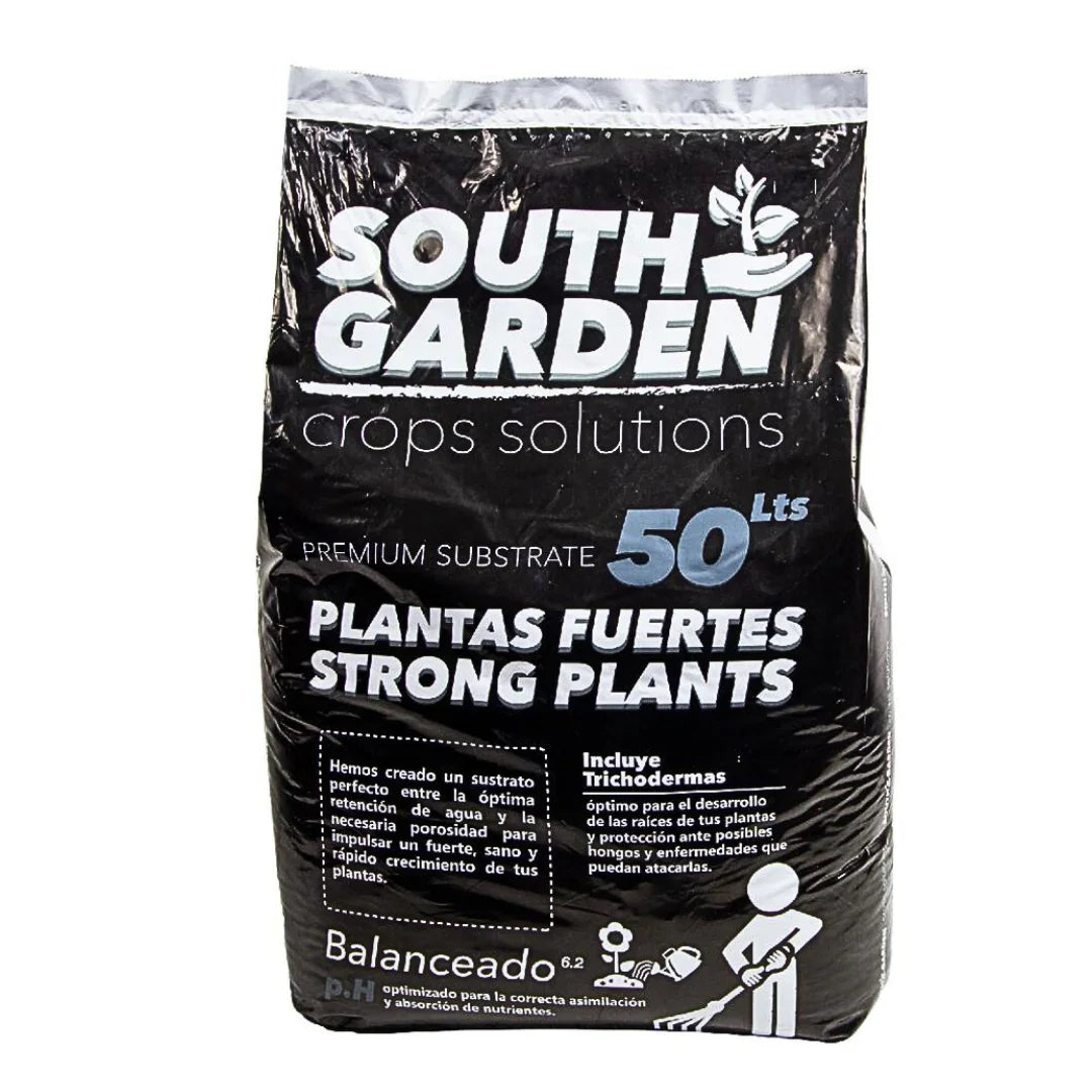 Bolsa de sustrato premium South Garden 50 litros para cultivo indoor y plantas fuertes