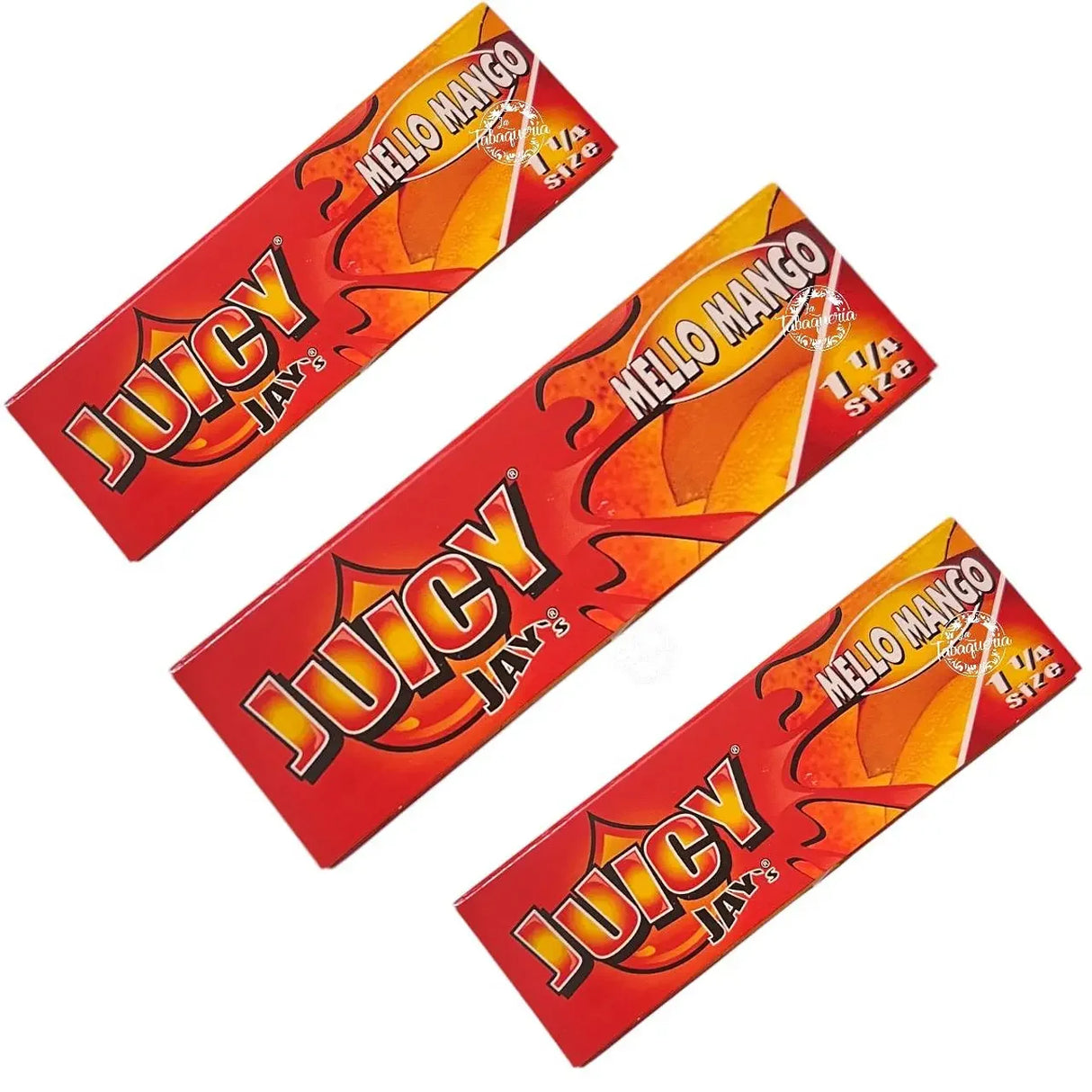 Papeles para enrolar Juicy Jay's sabor mango, 1 1/4, fondo naranja brillante.