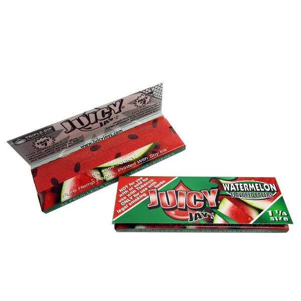 Papelillos sabor sandía Juicy Jay's 1 1/4, diseño colorido, envase abierto y cerrado