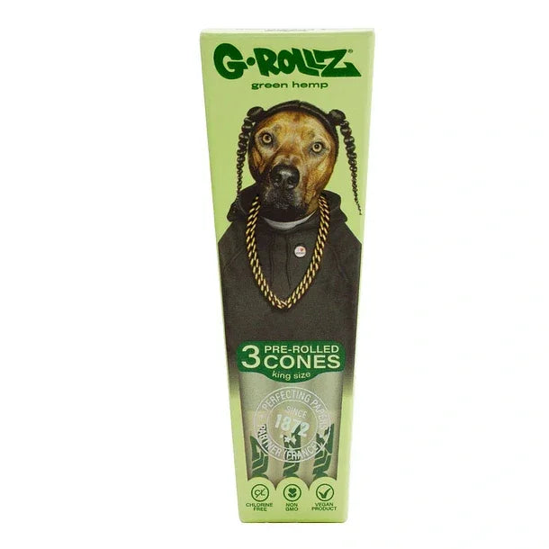 Estuche de conos pre enrolados de cáñamo G-Rollz con diseño de perro rapero, 3 unidades king size.