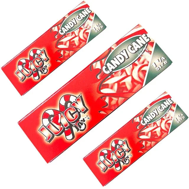 Papeles para armar Juicy Jay sabor Candy Cane, fondo rojo, tamaño 1 1/4, pack de tres.