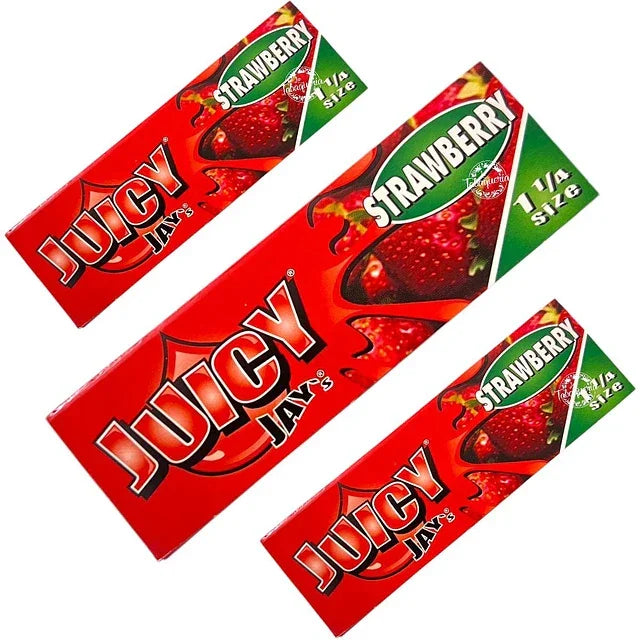 Papeles aromatizados Juicy Jay's sabor frutilla, tamaño 1 1/4, fondo rojo con fresas.