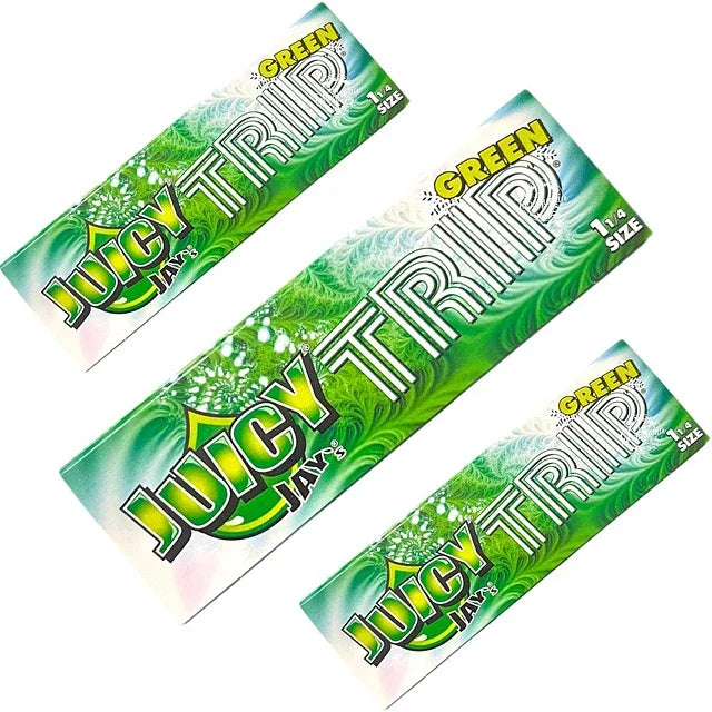 Papeles para fumar Juicy Jay's Trip Green tamaño 1 1/4 sobre fondo blanco