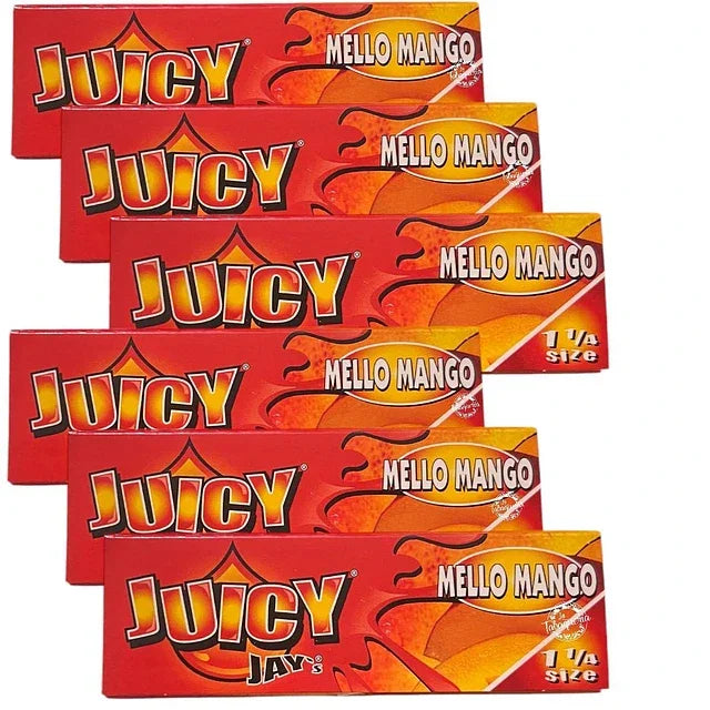 Papelillos de sabor mango Juicy Jay's Mello Mango tamaño 1 1/4, pack de 6, fondo blanco