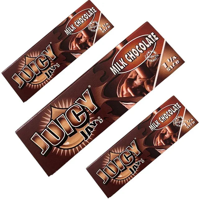 Papeles para armar Juicy Jay's sabor chocolate con leche, fondo marrón, tamaño 1 1/4