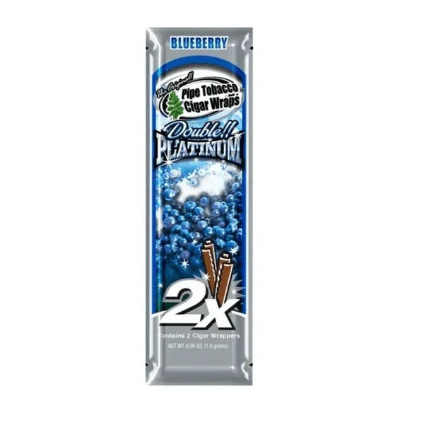 Envase de papel para armar cigarro sabor arándano Double Platinum, diseño azul brillante.