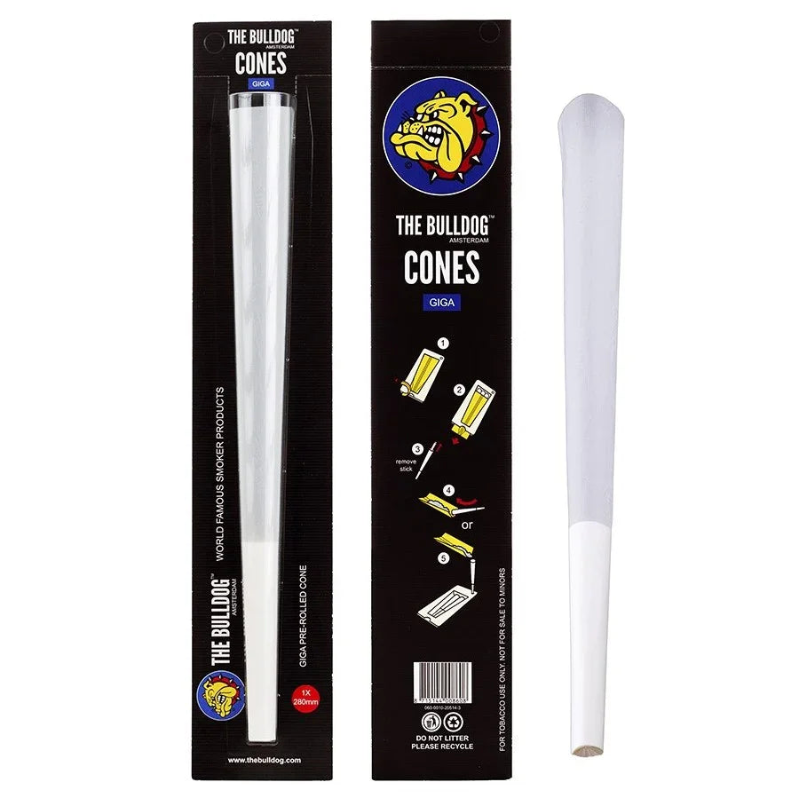 Cono de papel prearmado tamaño gigante para armar, The Bulldog Giga 29 cm, caja y producto