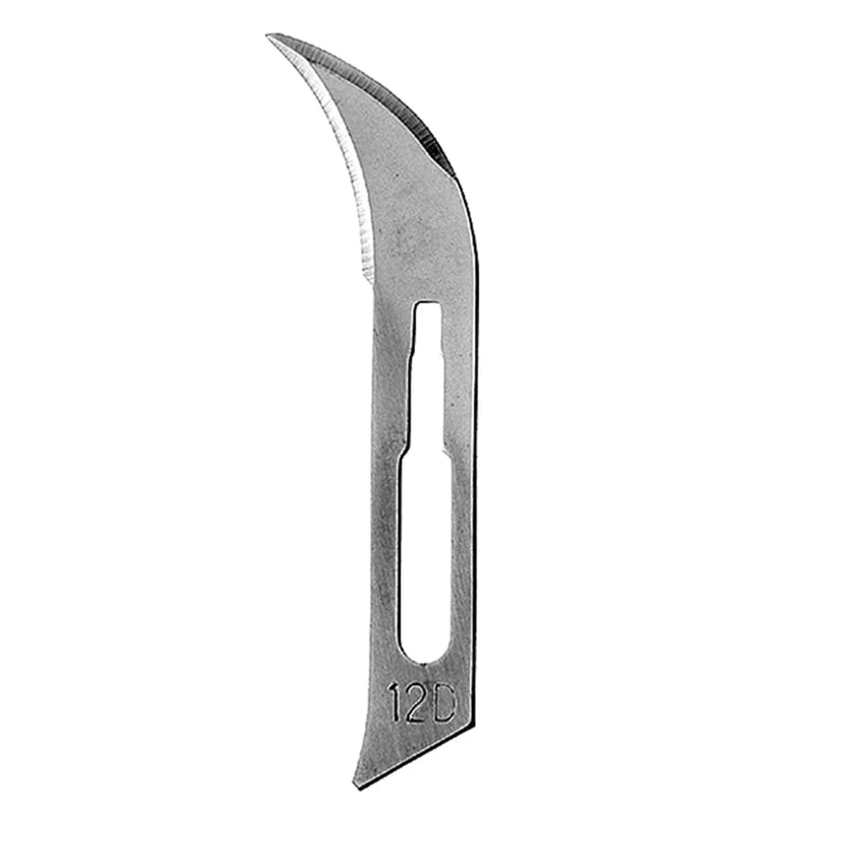 Cuchilla de bisturí curva de acero inoxidable, modelo 12D, fondo blanco.