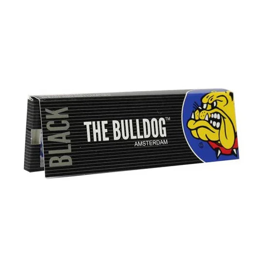 Librito de papelillos The Bulldog Black 1 1/4, paquete negro con logotipo de bulldog amarillo.