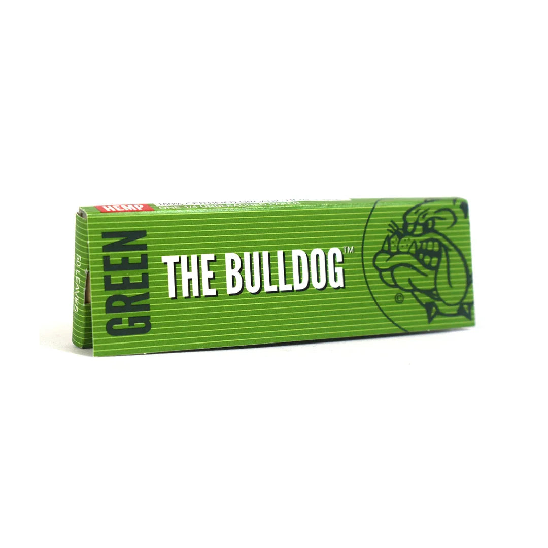 Papelillos de cáñamo verdes The Bulldog para armar, envase rectangular con diseño de bulldog.