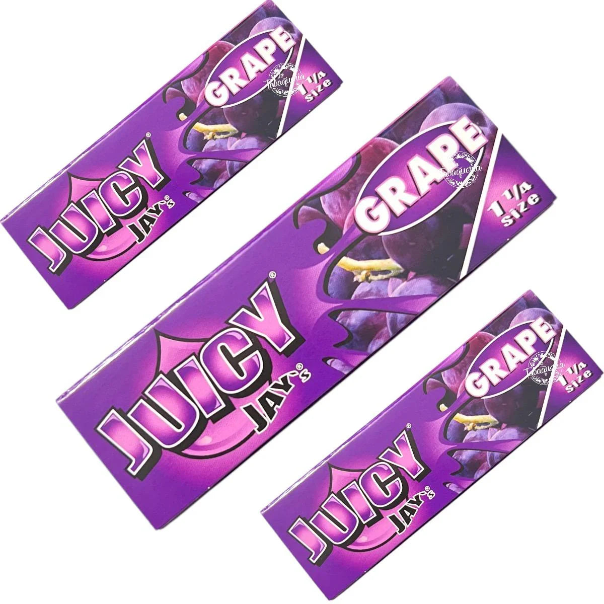 Papelillos aromatizados Juicy Jay's sabor uva, fondo morado, tamaño 1 1/4, envase con imágenes de uvas.