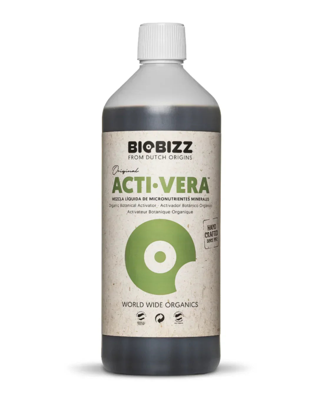 Botella de fertilizante líquido BioBizz Acti·Vera con micronutrientes para cultivo indoor