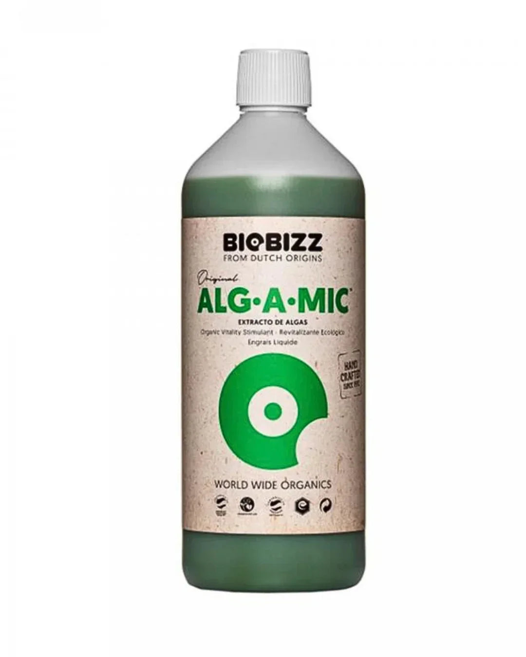 Botella de fertilizante orgánico ALG-A-MIC extracto de algas para cultivo indoor.