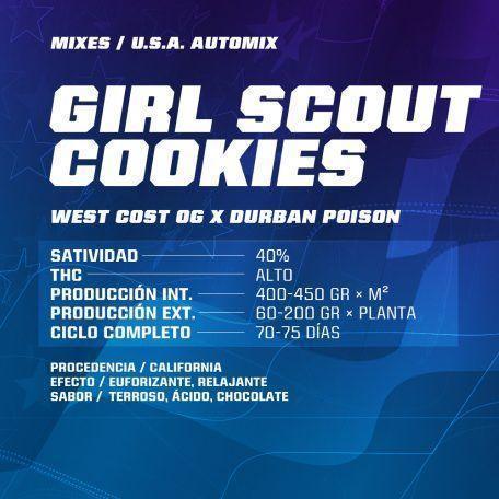 Imagen promocional de semillas Girl Scout Cookies, especificaciones de cultivo y efectos destacados sobre fondo azul.