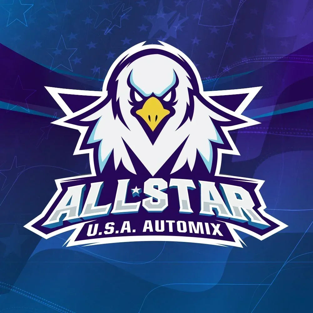 Logo de All Star USA Automix con águila blanca sobre fondo azul con estrellas, estilo deportivo.