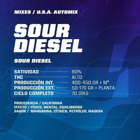 Ficha técnica de semillas Sour Diesel USA Automix, destacando satividad, THC alto y ciclo de cultivo.