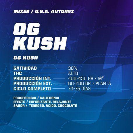 Ficha de variedad OG Kush Automix con datos de satividad, THC y producción sobre fondo azul.