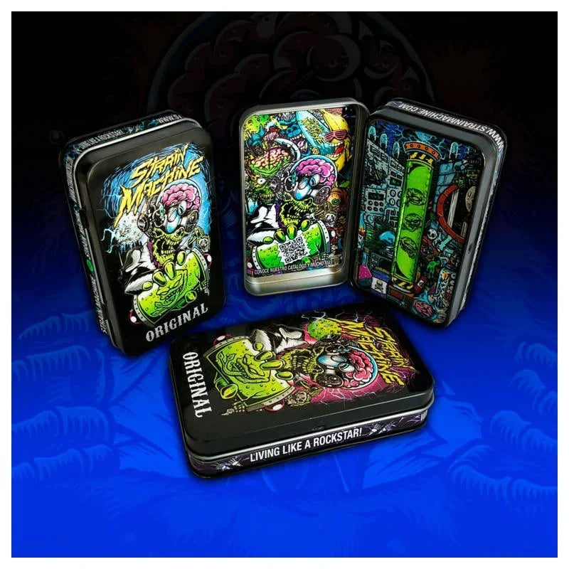Latas coleccionables Strain Machine con diseño colorido, fondo azul y temática de laboratorio.