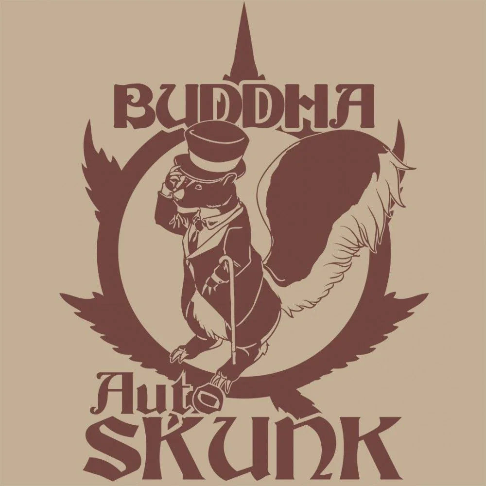 Ilustración de un zorrillo elegante con sombrero de copa y bastón, texto Auto Skunk, fondo beige.