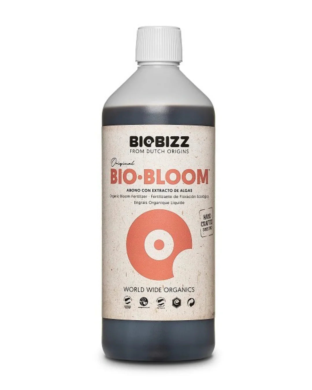 Botella de fertilizante ecológico Bio·Bloom líquido para floración, tapa blanca, fondo blanco.