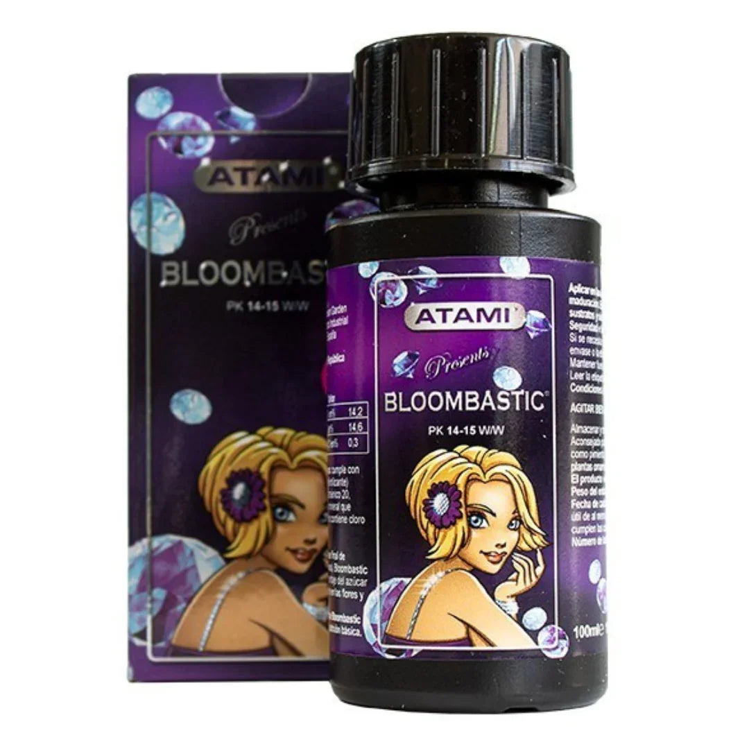 Fertilizante BloomBastic Atami, botella de 100ml, envase púrpura con dibujo de mujer rubia.