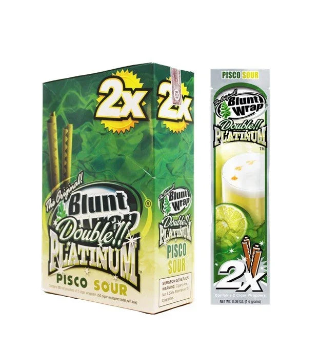 Blunt wrap doble platinium sabor pisco sour, paquete y envoltorio individual, fondo verde.