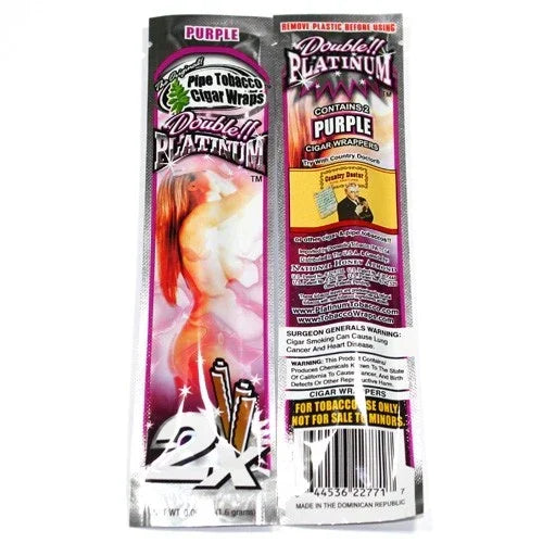 Blunt Double Platinum sabor purple, envoltorio para tabaco de 2 unidades, empaque colorido.