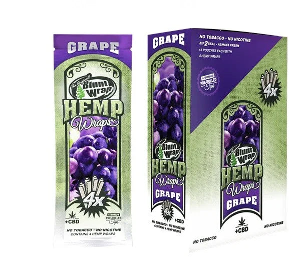 Blunt hemp wrap sabor uva, paquete y caja con diseño de uvas, papel orgánico sin tabaco