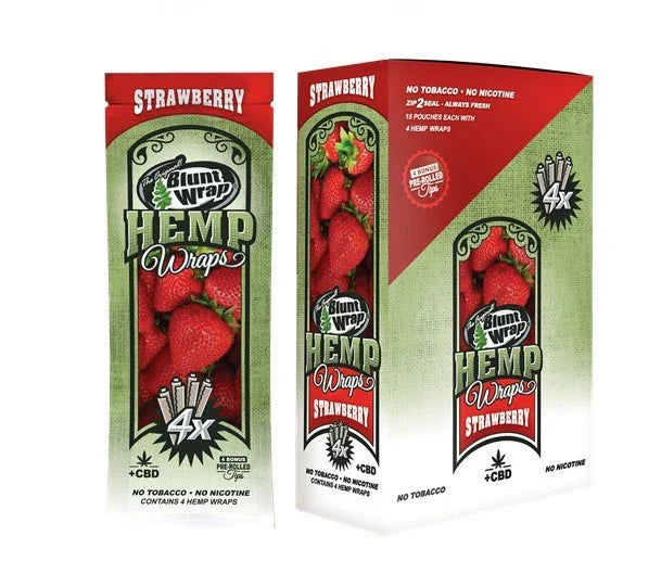 Blunt de cáñamo sabor fresa con CBD, empaque resaltando fresas y sin nicotina