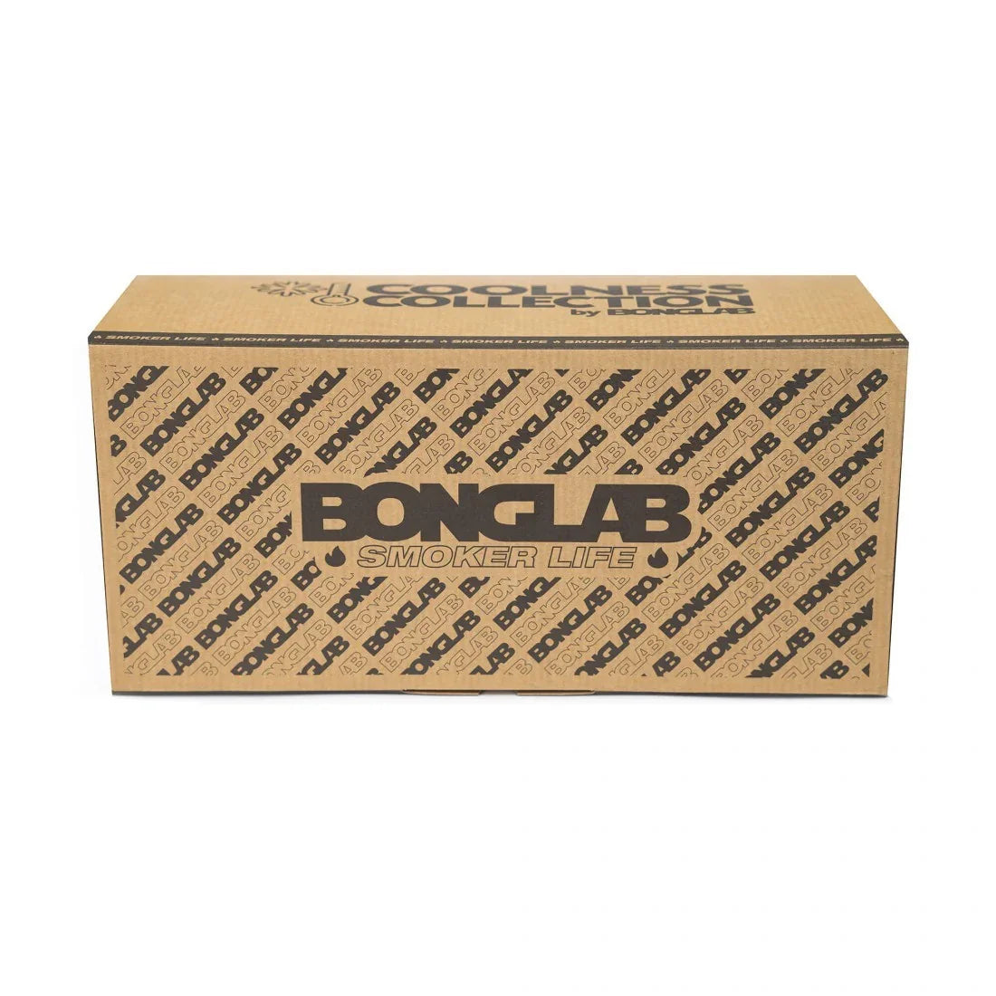 Caja de cartón marrón con logo Bonglab Smoker Life, empaque de accesorios para fumadores.