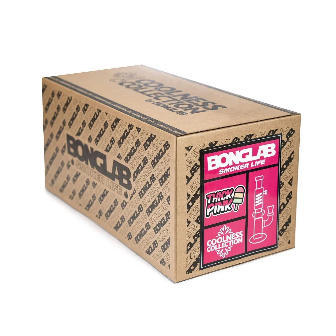 Caja de cartón con diseño Bonglab, ilustración de bong y texto Thick Pink, fondo blanco.