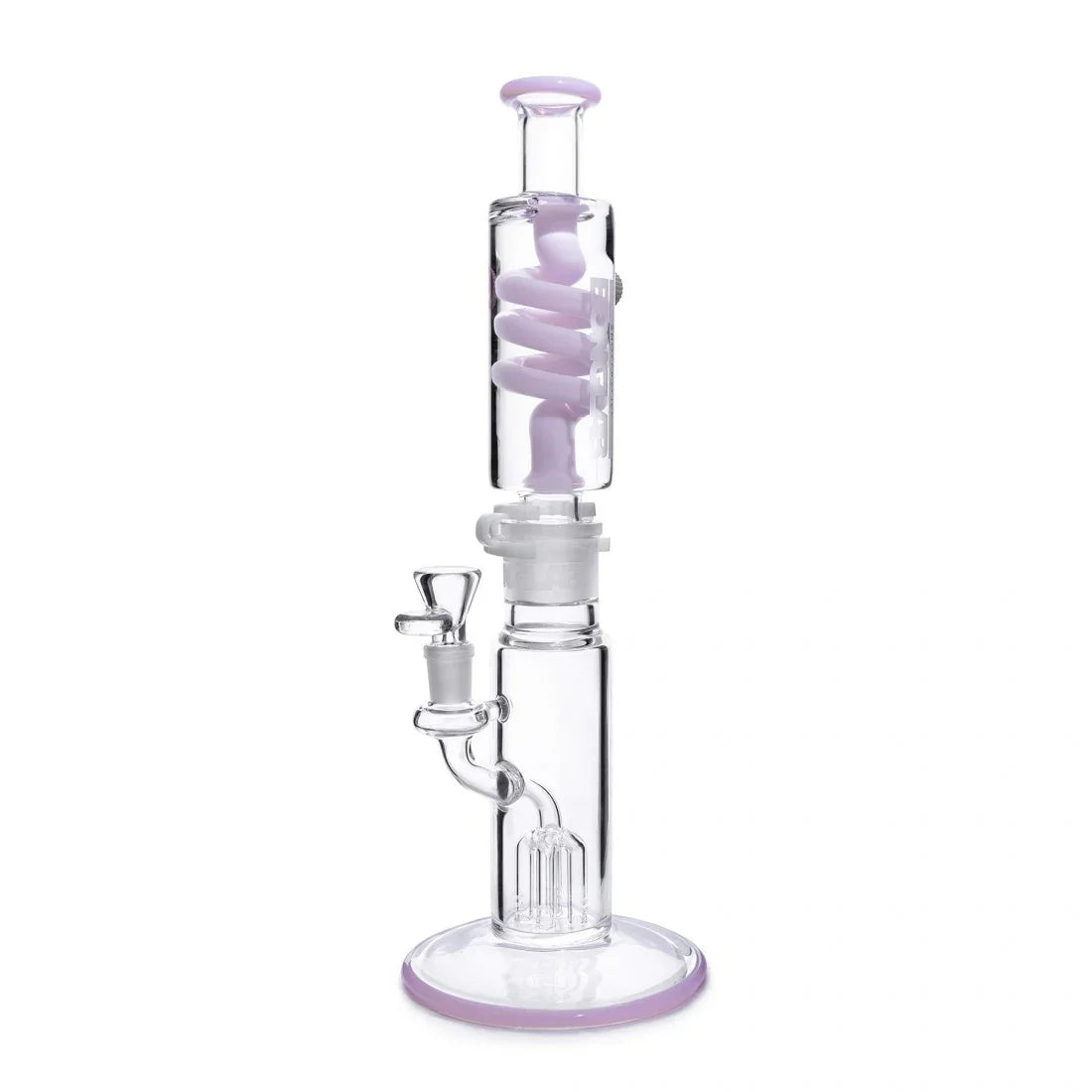 Bong de vidrio grueso rosa con espiral de glicerina, base redonda y percolador.