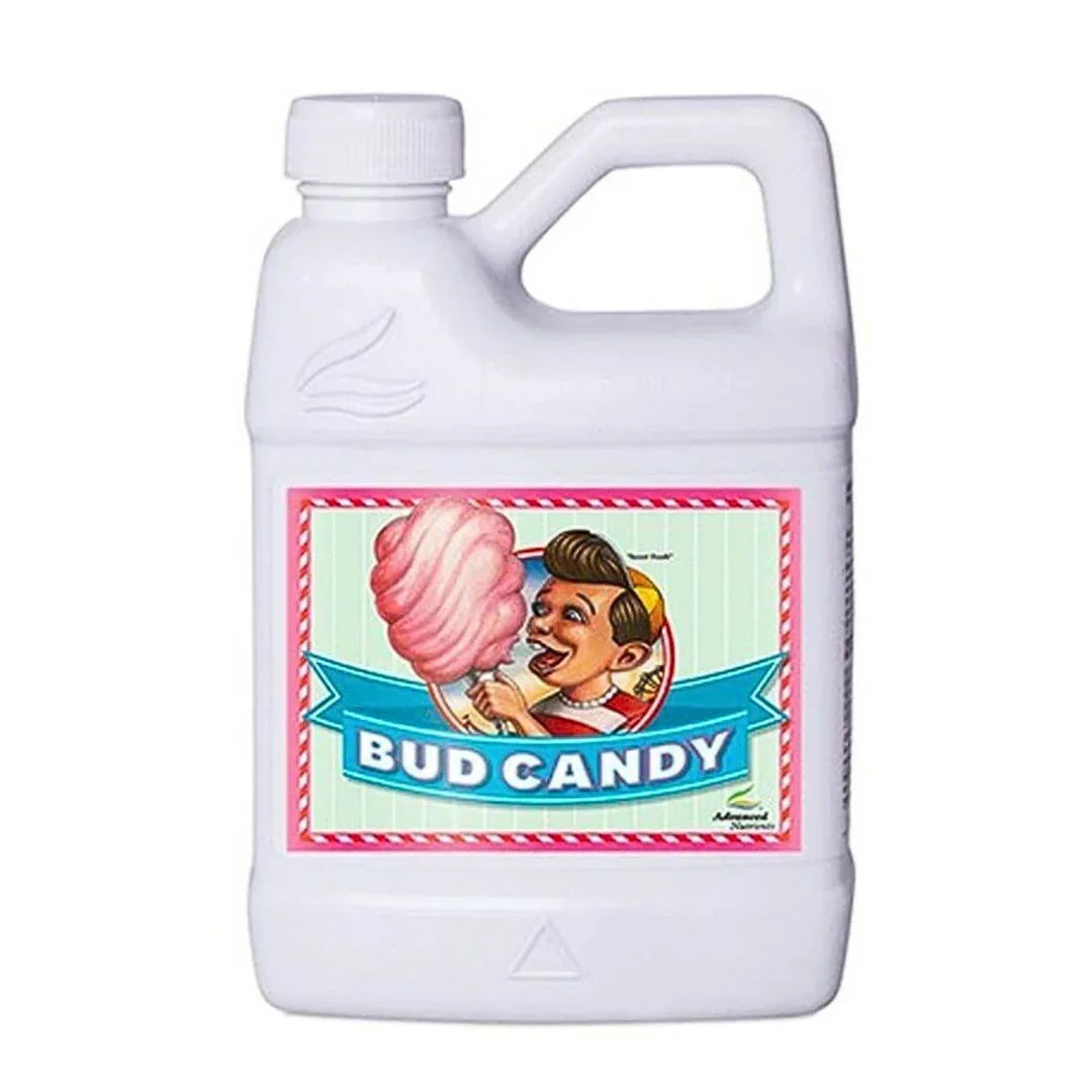 Botella de fertilizante Bud Candy con etiqueta colorida y dibujo de algodón de azúcar