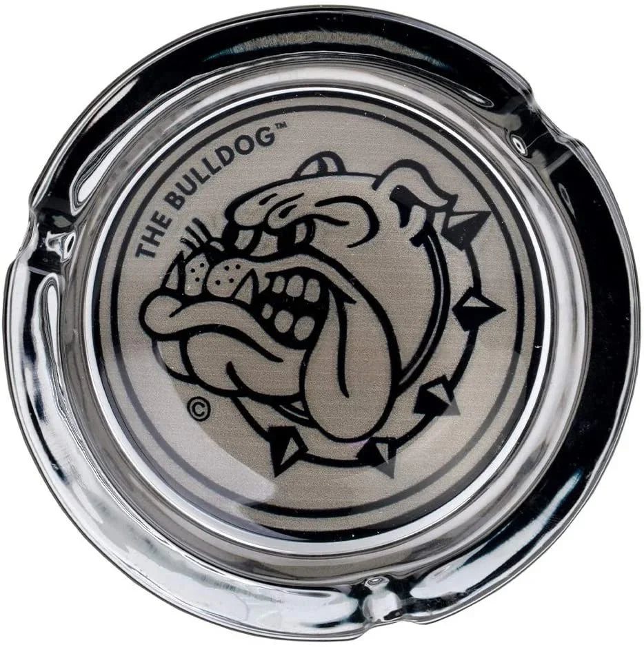 Cenicero de vidrio redondo con diseño de bulldog y texto THE BULLDOG en el centro