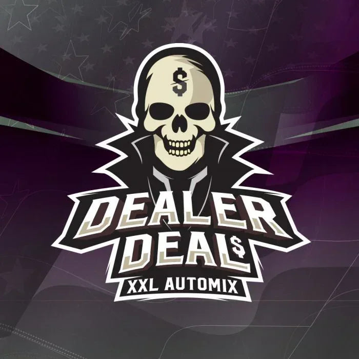 Logo de Dealer Deal XXL Automix, calavera con símbolo de dólar en la frente y fondo oscuro.