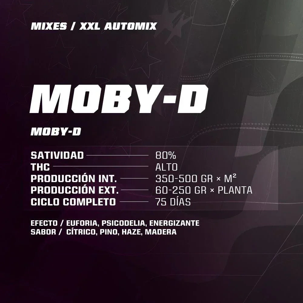 Ficha de variedad de semillas Moby-D XXL Automix con datos de satividad, producción y sabor.