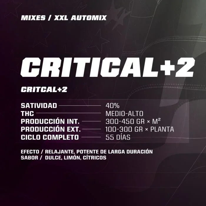 Información de semillas Critical+2 Automix XXL, características de cultivo, efectos y sabor.
