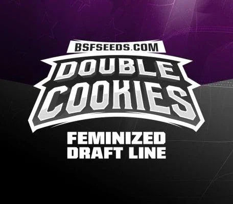 Etiqueta de semillas Double Cookies, línea feminizada, con fondo negro y morado.