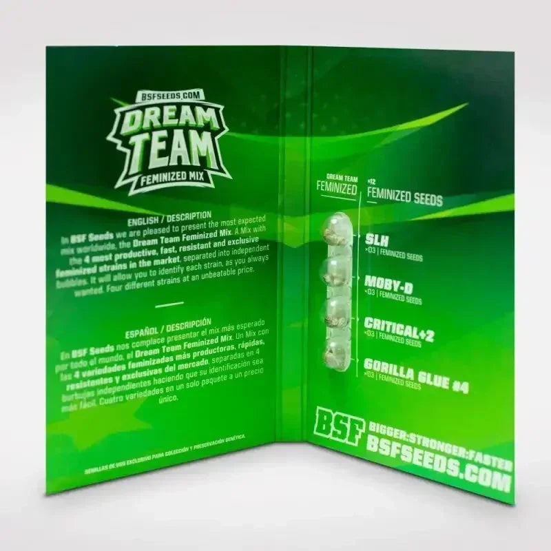 Paquete abierto de semillas feminizadas Dream Team Mix, cuatro variedades visibles en cápsulas, fondo verde.