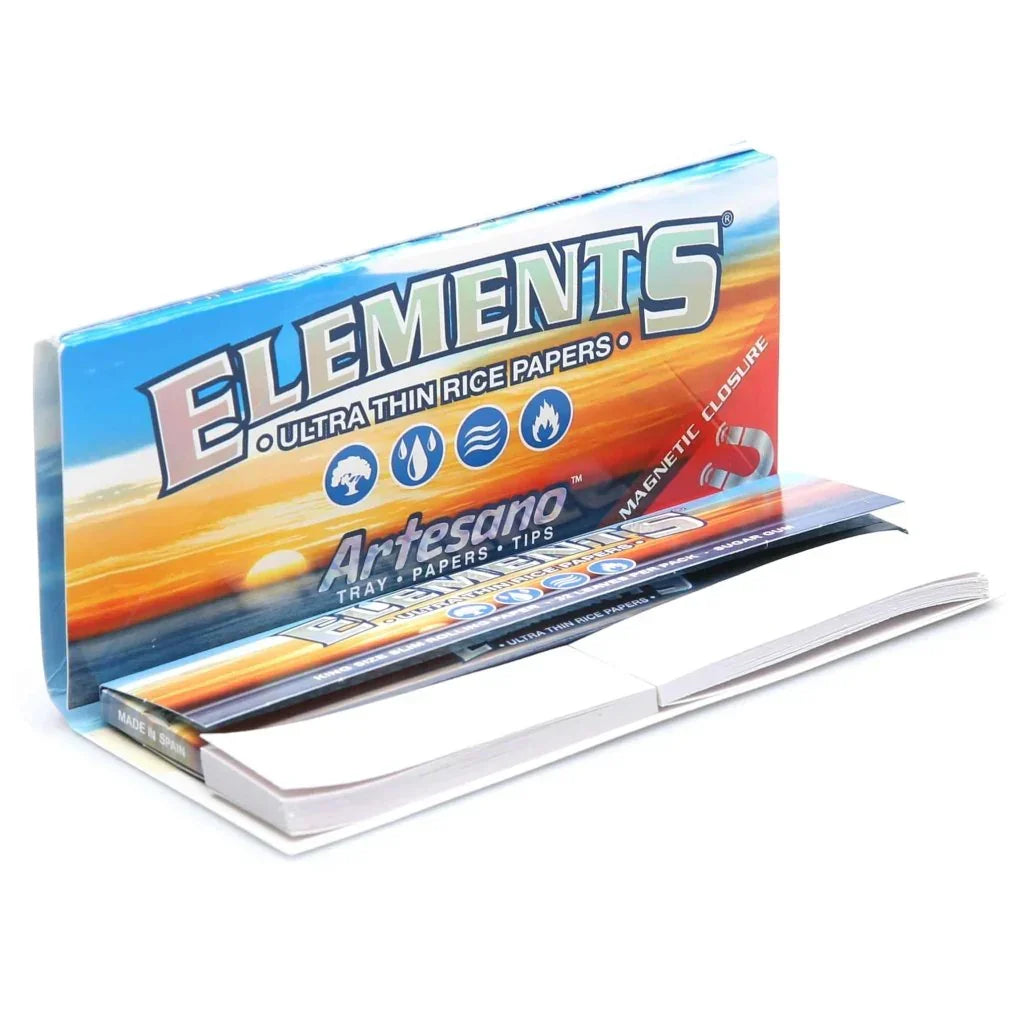 Papelillos ultrafinos de arroz Elements Artesano con cierre magnético, pack abierto.