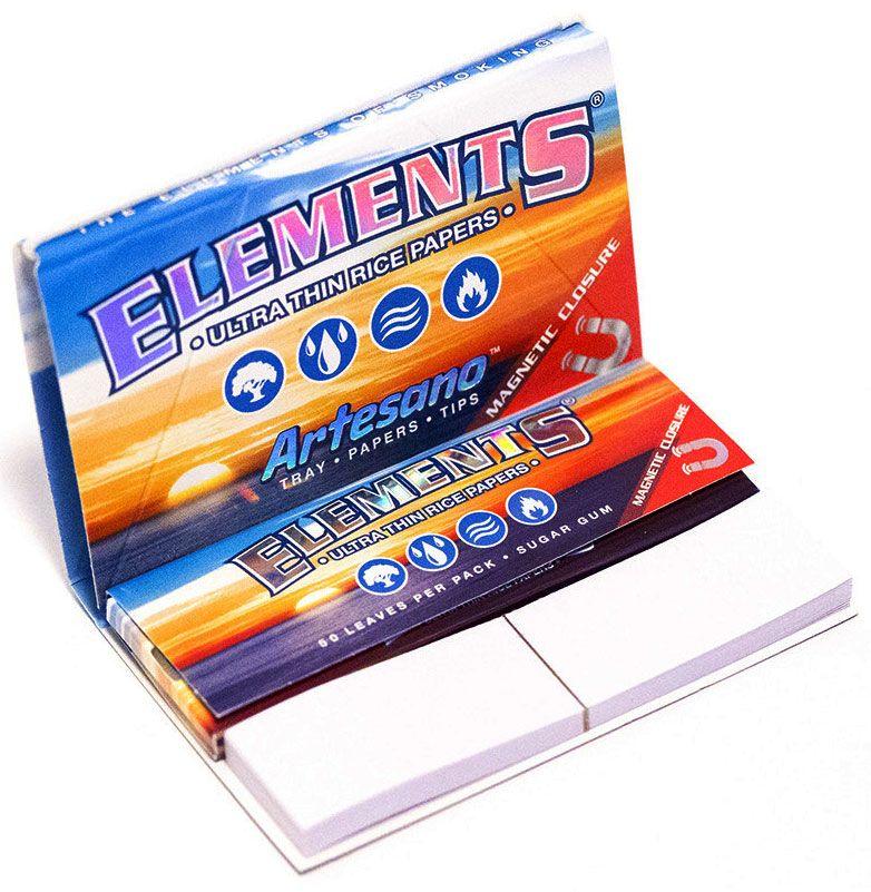 Papelillos ultra finos de arroz Elements 1 1/4 con tips y cierre magnético, envase abierto.