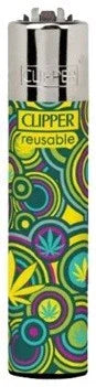 Encendedor Clipper reutilizable con diseño de hojas verdes y patrón psicodélico colorido