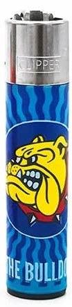 Encendedor Clipper azul con diseño de bulldog amarillo y texto 'THE BULLDOG'.