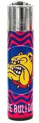 Encendedor Clipper con diseño de bulldog amarillo y fondo psicodélico en tonos rosa y azul.