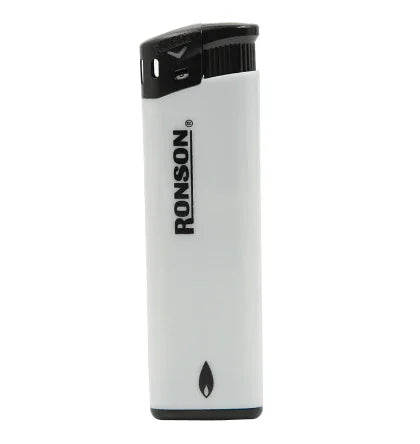 Encendedor electrónico recargable blanco Ronson, ideal para cultivo indoor y uso diario.