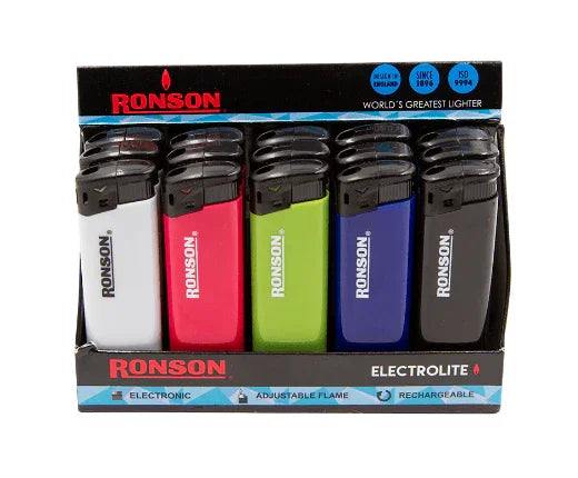 Exhibidor de encendedores Ronson electrónicos recargables en varios colores