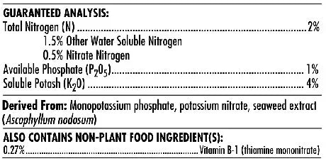 Etiqueta de fertilizante con análisis garantizado, nutrientes NPK y vitamina B1.