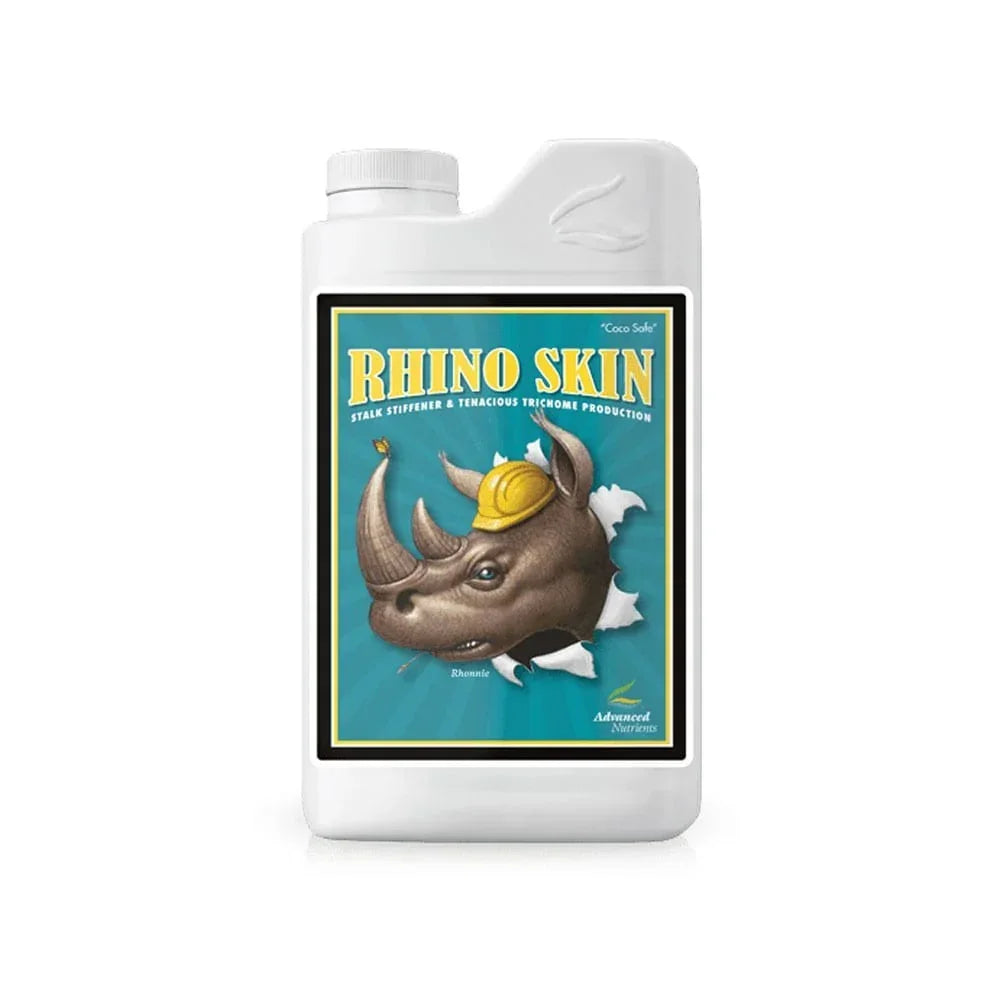 Botella de fertilizante Rhino Skin 500 cc para cultivo indoor, etiqueta con rinoceronte casco amarillo